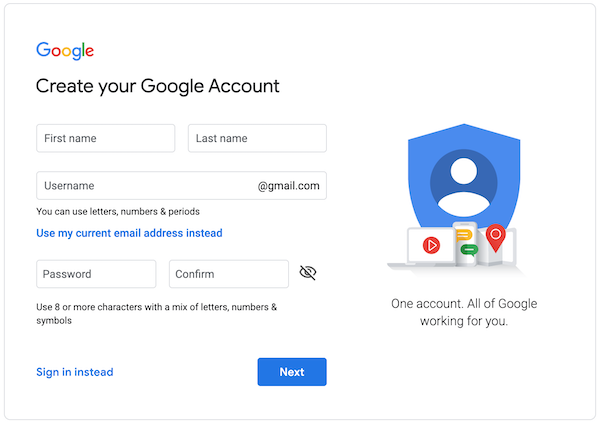 Create Google Account Step 1